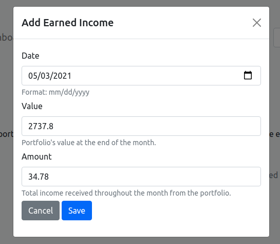 Passive income tracker portfolio earned income modal